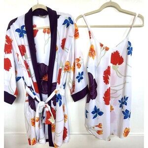 Natori 2pc Kimono Robe Slip Nightgown Dress Set White Purple Orange Floral Small